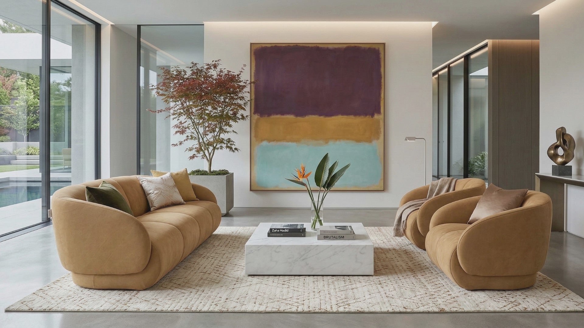 Bright modern living room with a curved camel sofa and swivel chairs, a marble coffee table and large abstract art