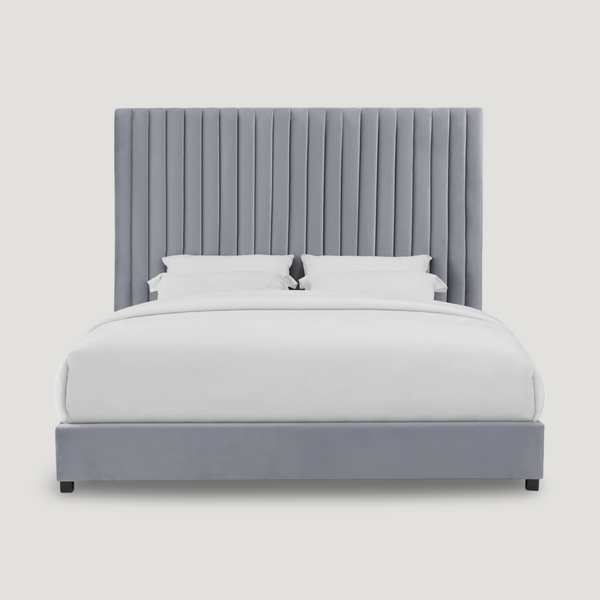 Alessandra Grey Velvet Contemporary Beds in grey upholstered shown in modern bedroom setting