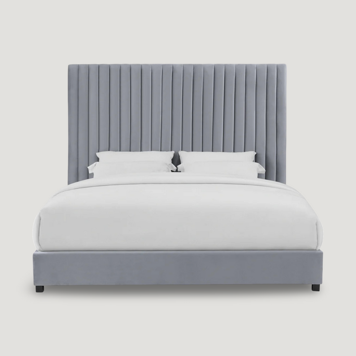 Alessandra Grey Velvet Contemporary Beds in grey upholstered shown in modern bedroom setting