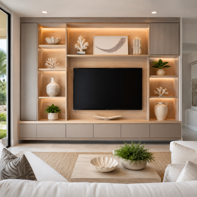 Piedmont asymmetric entertainment wall unit with oak floating shelves and stone backdrop - custom by SoBe Furniture