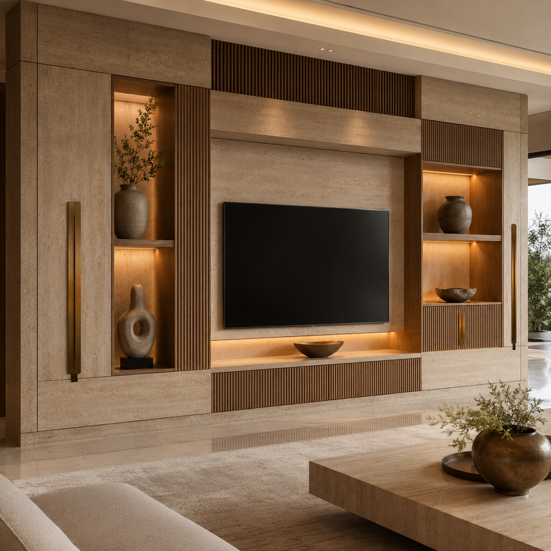 Boca natural oak custom wall system with marble TV backdrop and amber LED shelf lighting - SoBe Furniture Boca Raton