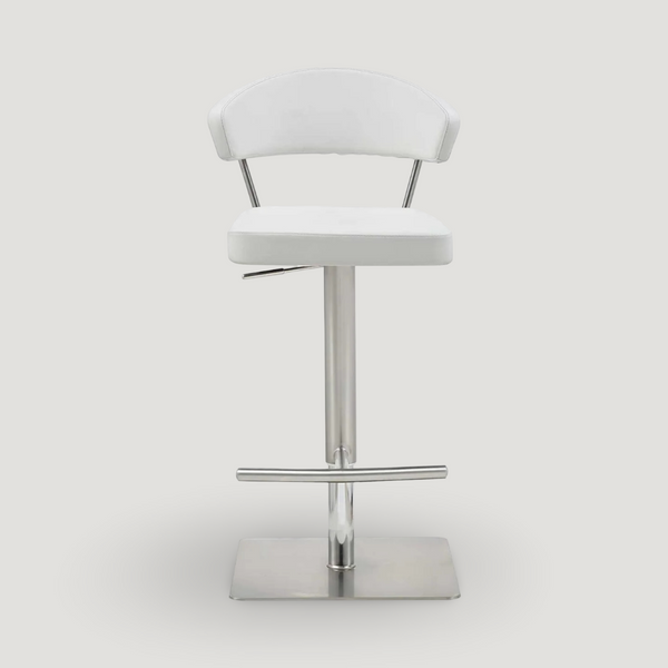Clio White Modern Bar Stools Square Base in white steel shown in modern dining room
