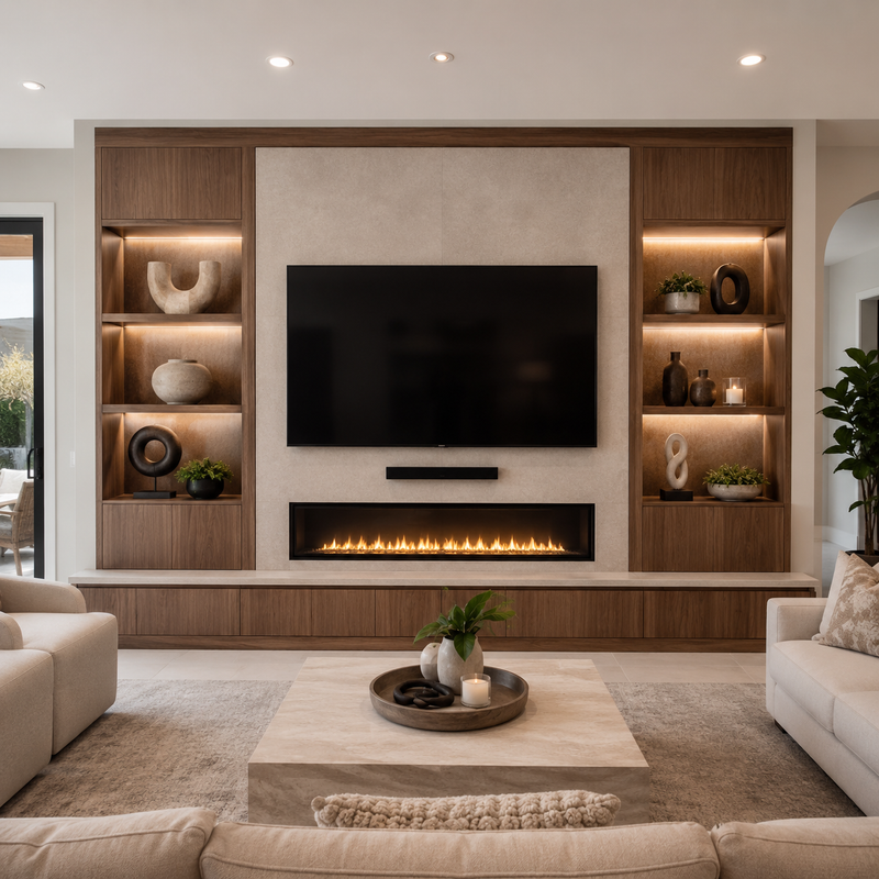 Marquise dark walnut fireplace entertainment wall unit with LED lit display niches - SoBe Furniture custom design