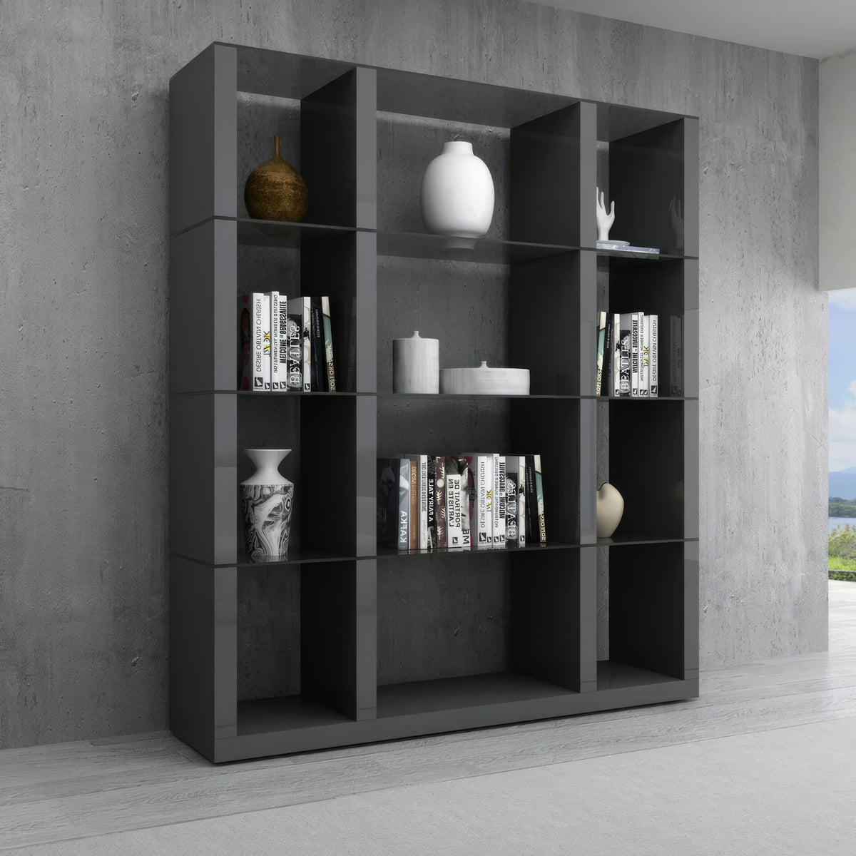 Elan Grey High Gloss Wall Unit Modern Bookcase – SoBe Furniture