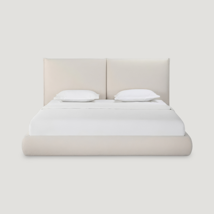 Enzo Beige Fabric Contemporary Bed in beige shown in modern bedroom setting