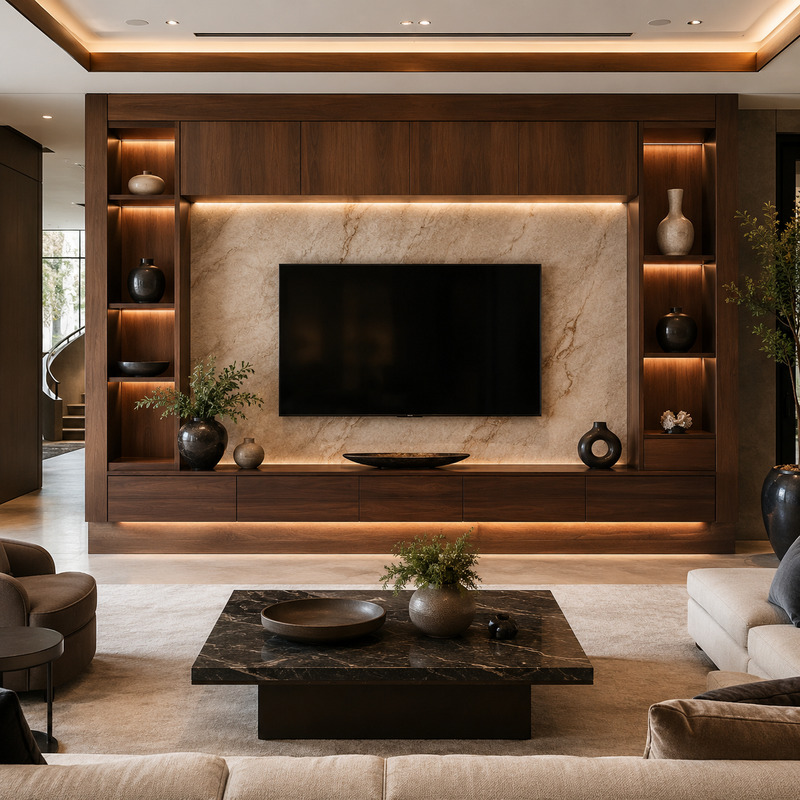 Granada travertine stone and walnut niche wall unit with recessed LED display compartments - SoBe Furniture custom