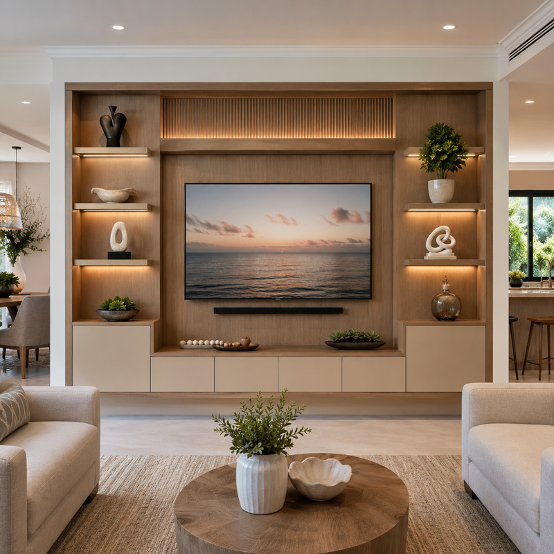Coastal oak wall unit with full upper cabinet storage and open LED-lit display shelving - custom by SoBe Furniture Boca Raton