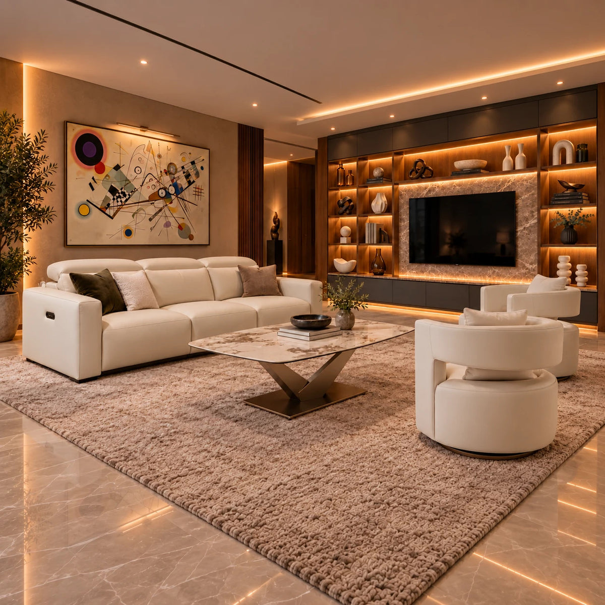 Custom Savoy Illuminated Media Wall in walnut and stone, with lit open shelving, a stone TV surround and LED accent lighting, styled in a modern living room with a cream leather sofa and swivel chairs, SoBe Furniture Boca Raton