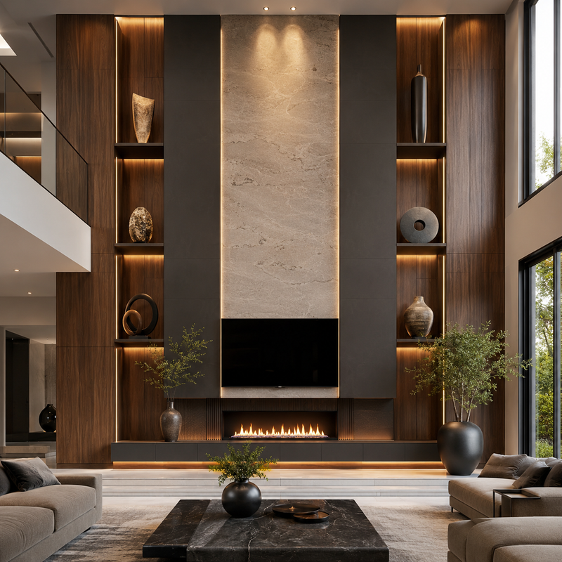 Marquise Grand two-story dark walnut and marble entertainment wall unit with fireplace - luxury custom design by SoBe Furniture