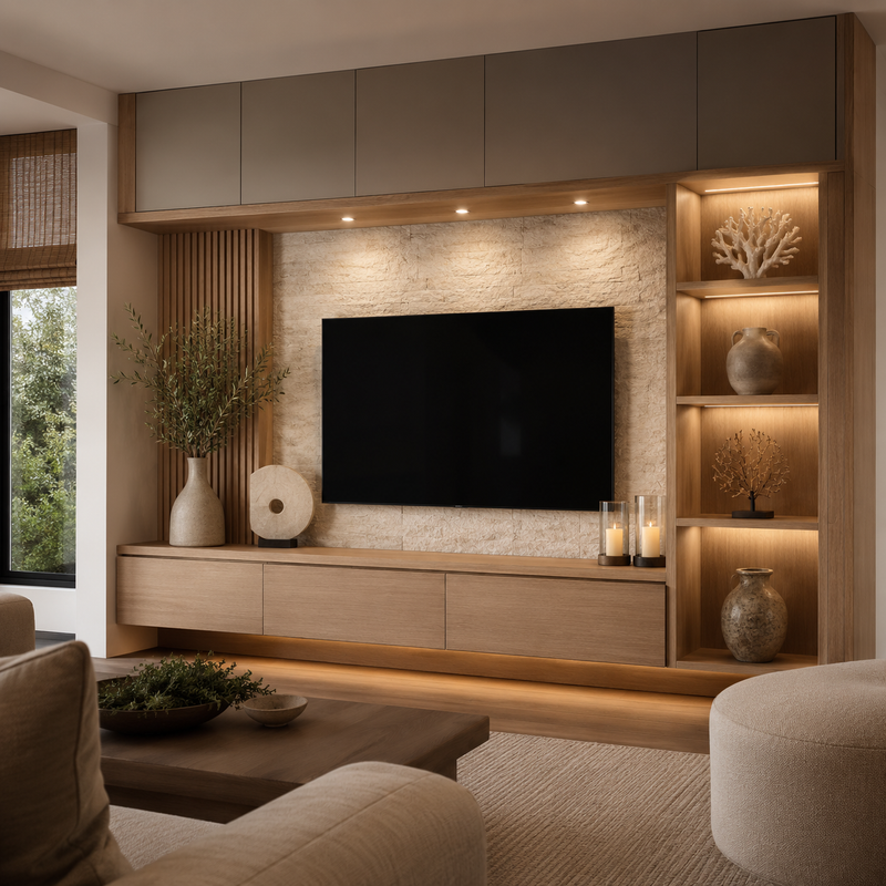 Piedmont mixed media entertainment wall with oak shelving, stone tile TV backdrop and upper cabinet storage - SoBe Furniture
