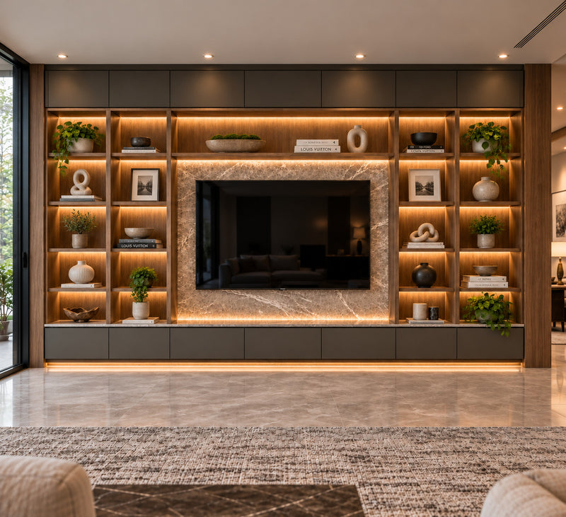 Custom Savoy Illuminated Media Wall - Walnut and Stone - full media wall styled with decor in a modern Boca Raton living room