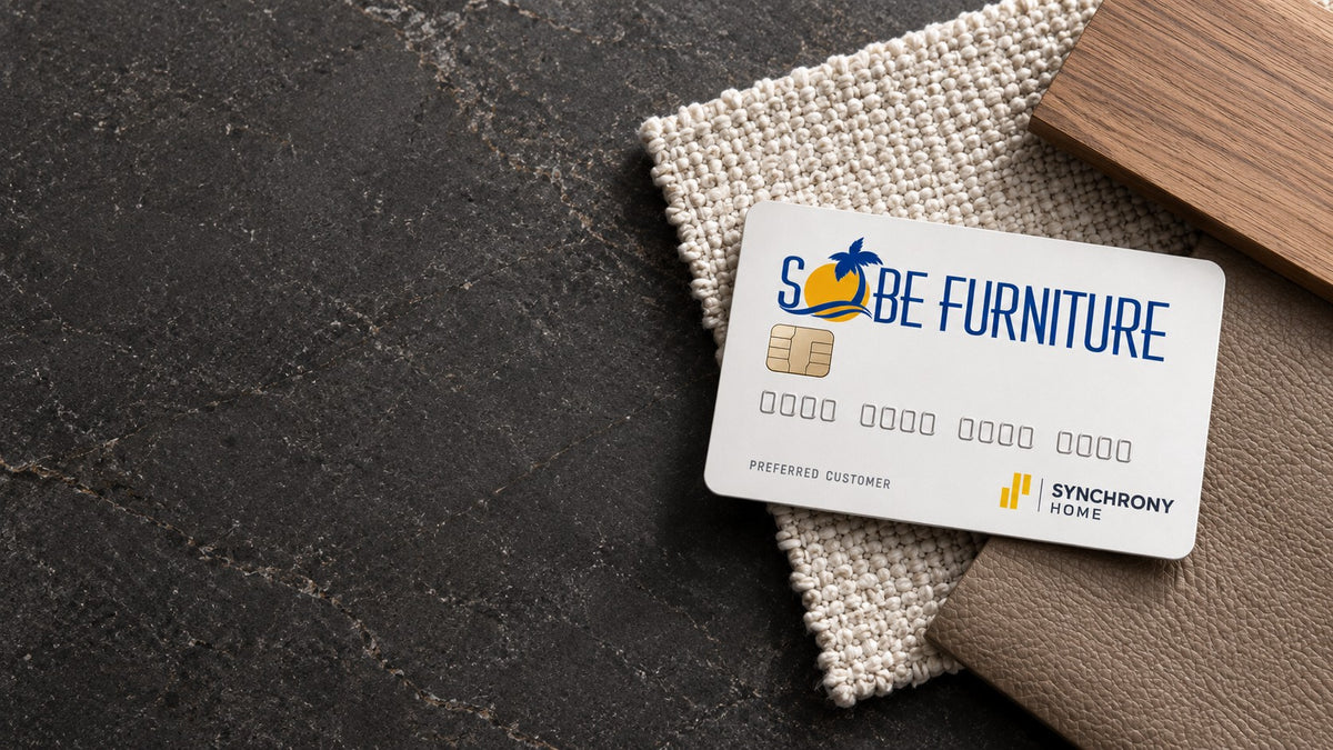 Card showing the SoBe Furniture and Synchrony HOME logos on fabric, wood and leather swatches