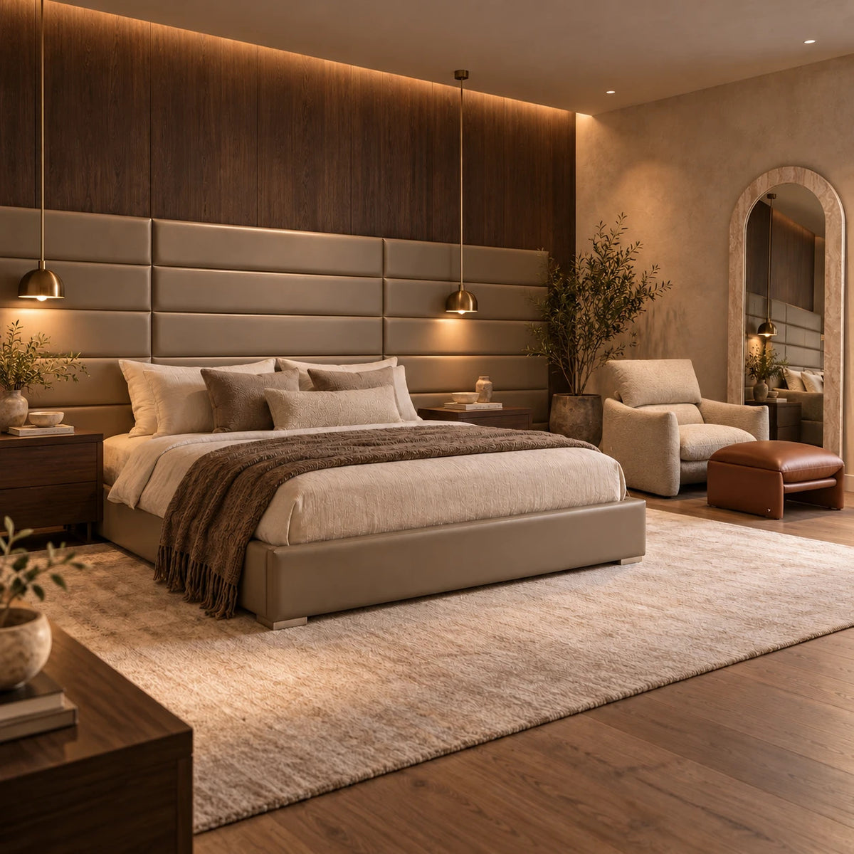 SoBe Grand Custom Modern Platform Bed with a wide paneled upholstered headboard that extends past the nightstands, in a warm modern primary bedroom with walnut wall panels and pendant lights, SoBe Furniture Boca Raton