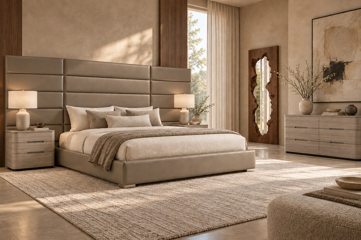 Bedroom with a wall-width taupe leather panel headboard, gray wood nightstands and dresser, and a live-edge wood floor mirror