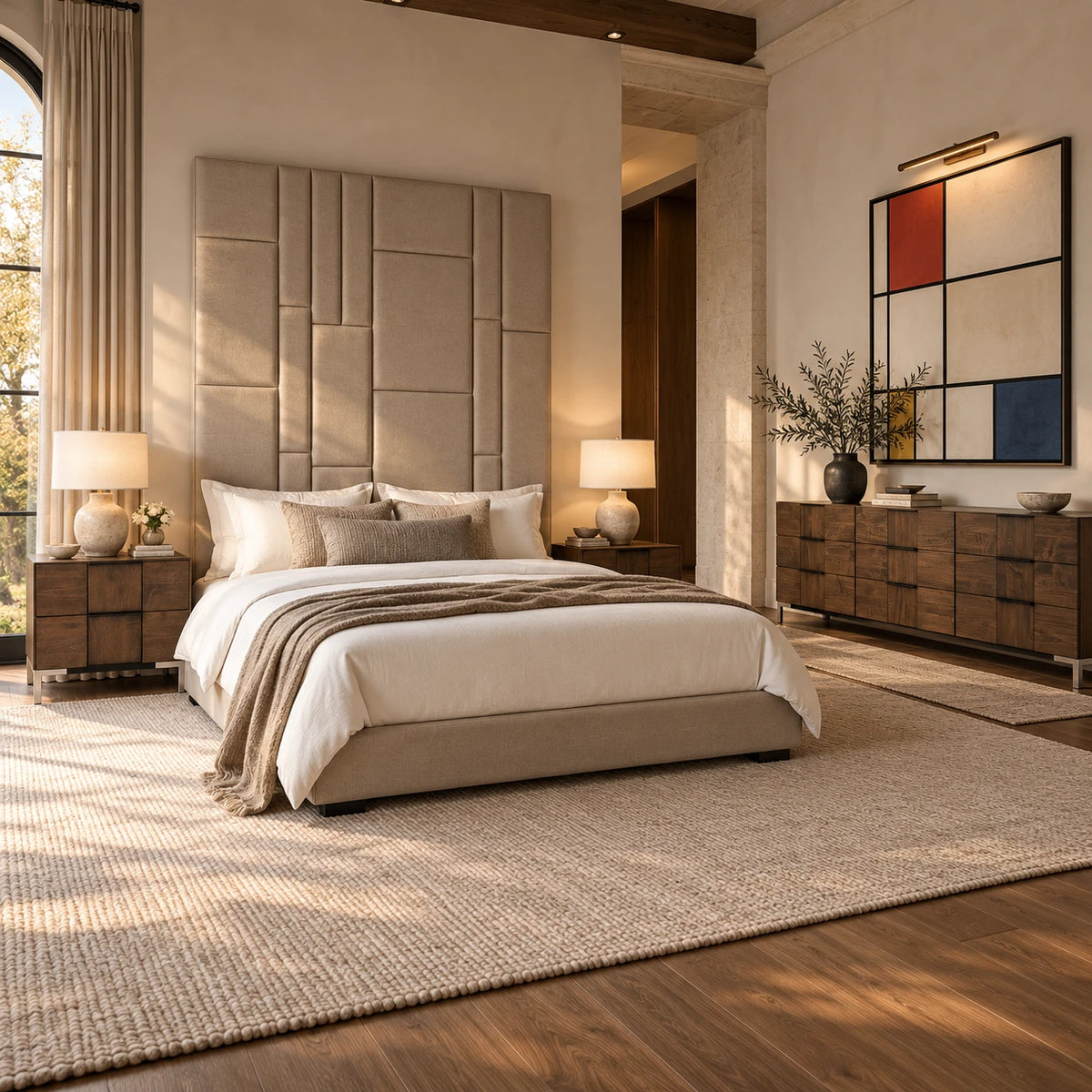 Bedroom with a tall paneled linen headboard, walnut nightstands and a long walnut dresser on a wool rug