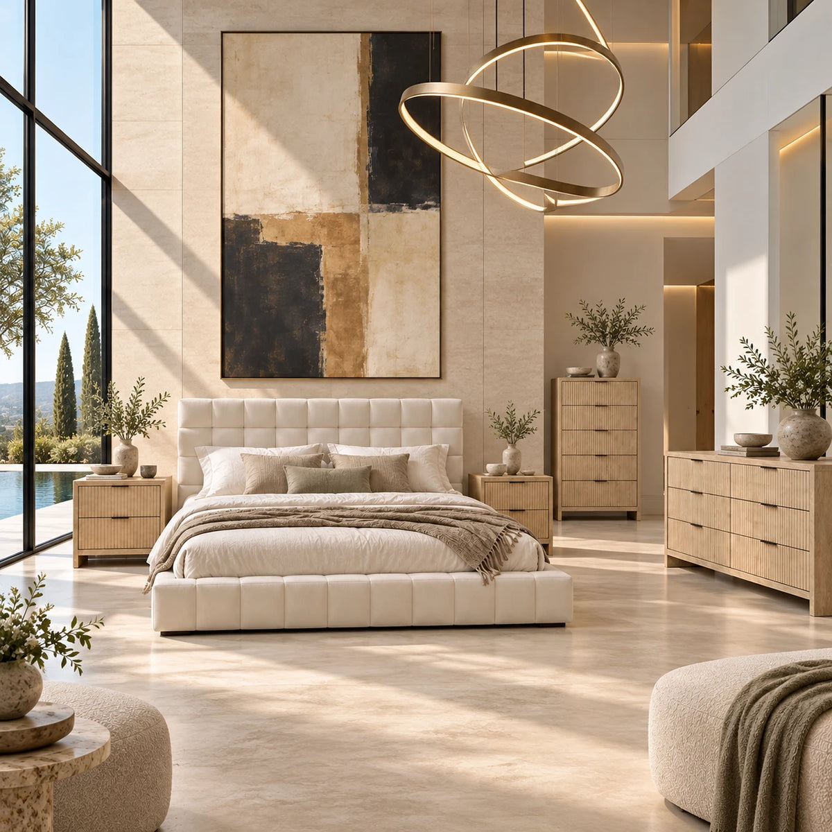 Bright bedroom with a cream tufted bed, fluted light oak nightstands, chest and dresser under a ring chandelier
