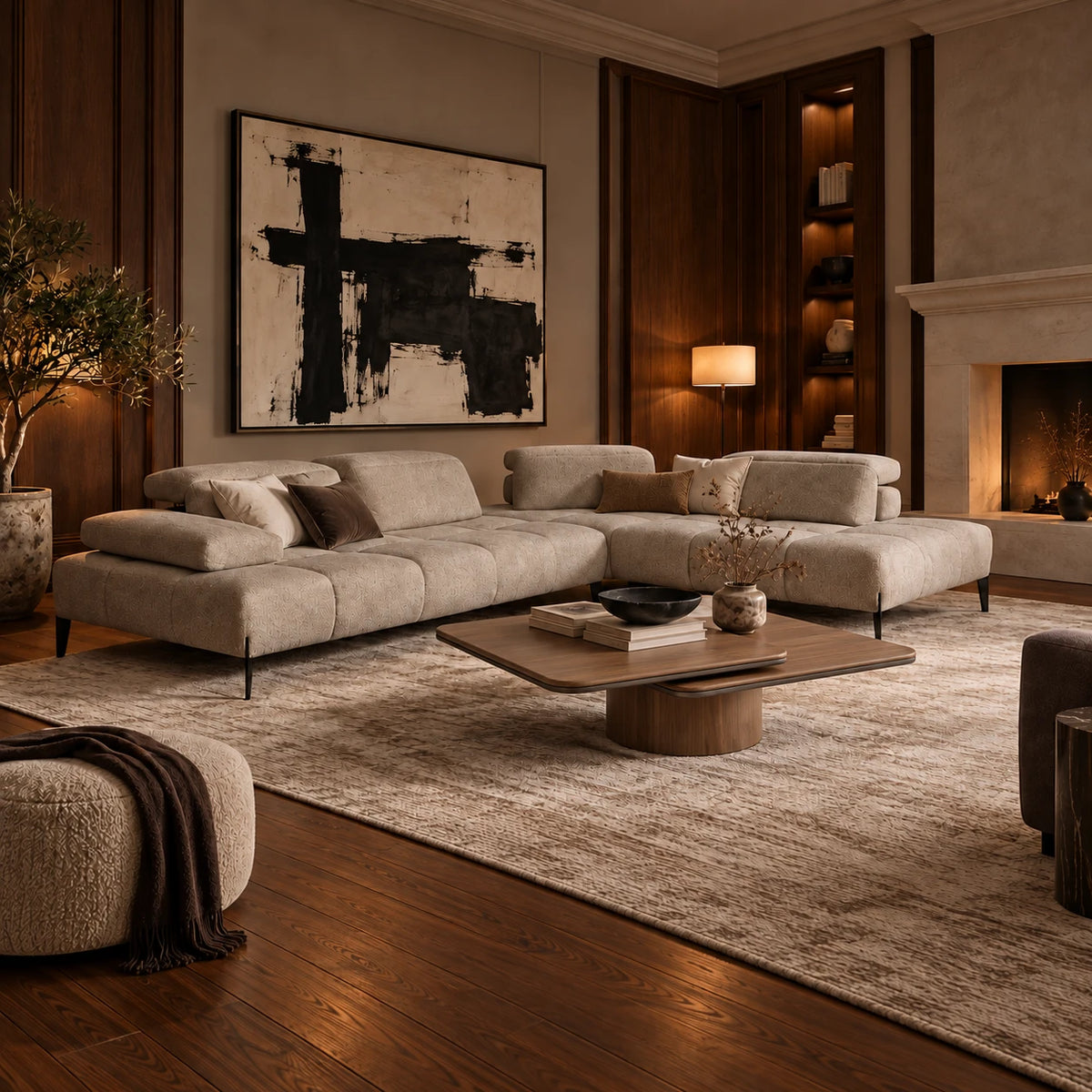 Living room with a cream sectional with adjustable headrests, a walnut swivel coffee table and a round pouf by a fireplace