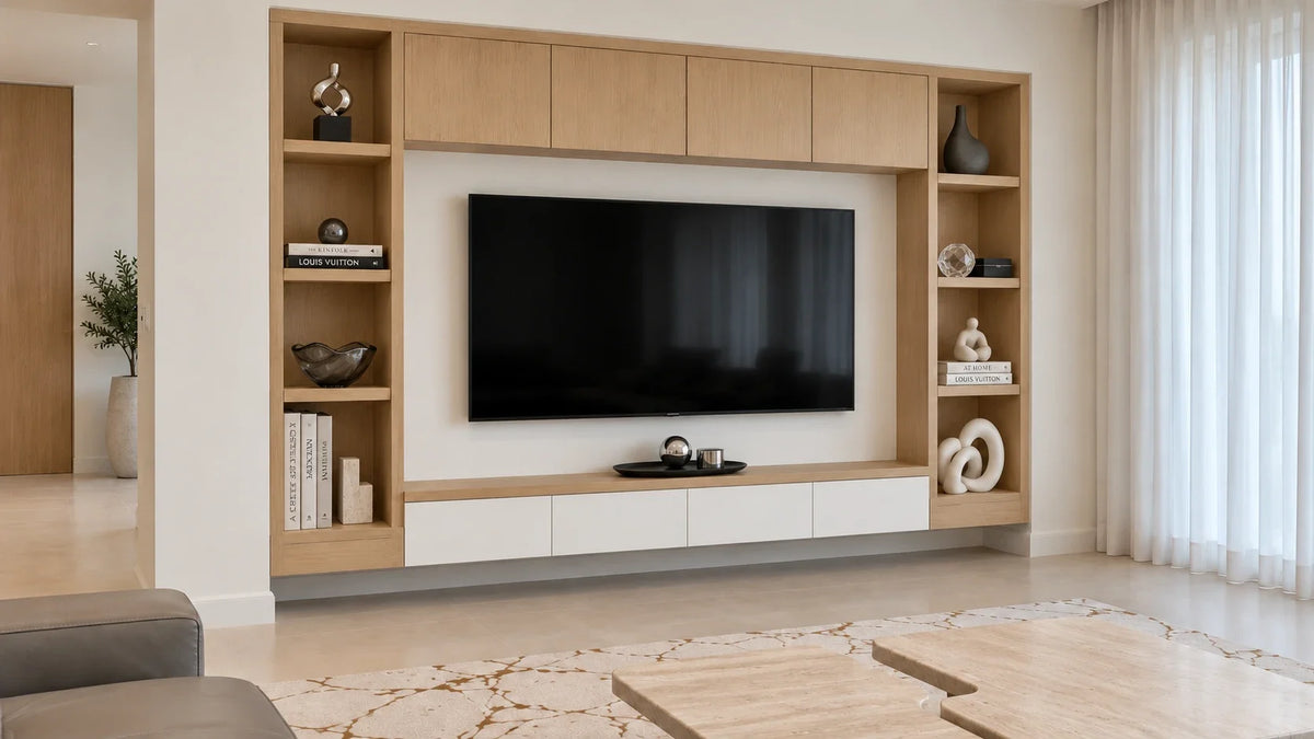Light oak entertainment wall unit with open shelving around the television, a gray leather sectional, a travertine coffee table and an ivory and copper rug