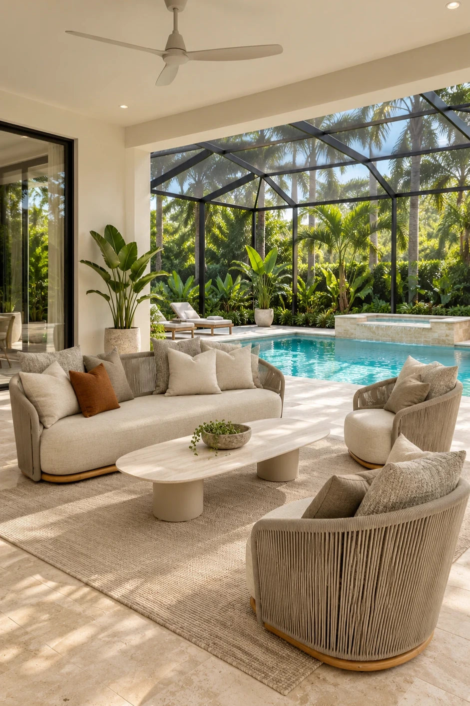 Covered pool patio with a curved rope-back outdoor sofa, two rope swivel lounge chairs and an oval stone-look coffee table on a woven rug