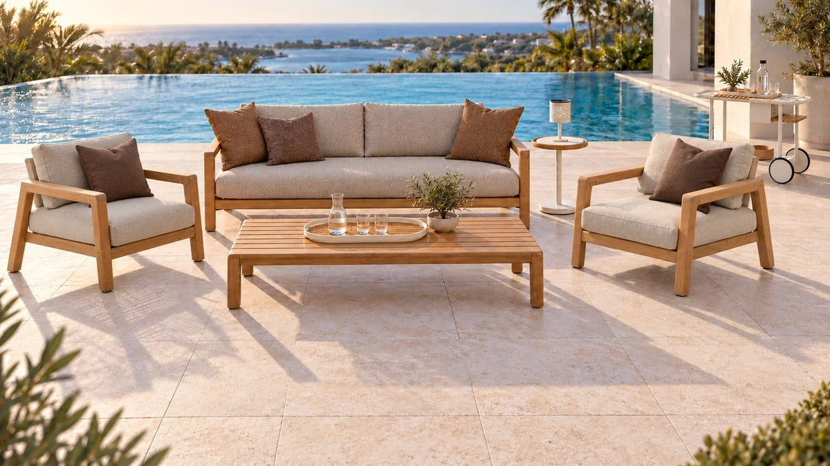 Pebl Tolo teak outdoor sofa with two Tolo lounge chairs and a slatted teak coffee table beside an infinity pool at sunset