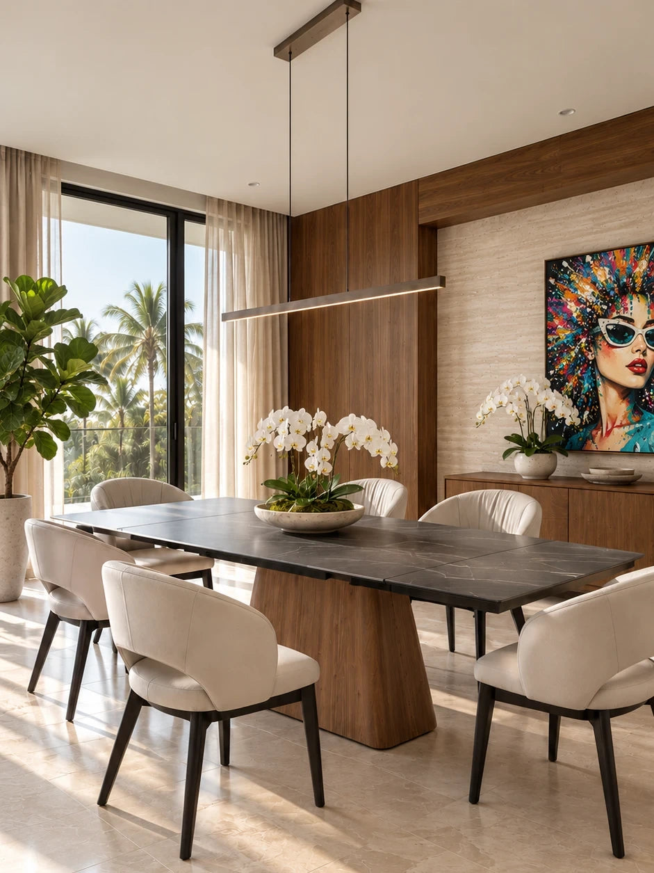 Black marbled ceramic extension dining table on a walnut pedestal with cream leather dining chairs in a sunny South Florida dining room