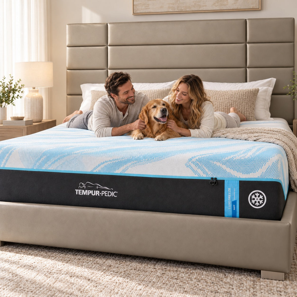 Couple and their golden retriever on a Tempur-Pedic LuxeBreeze mattress on a SoBe Furniture platform bed