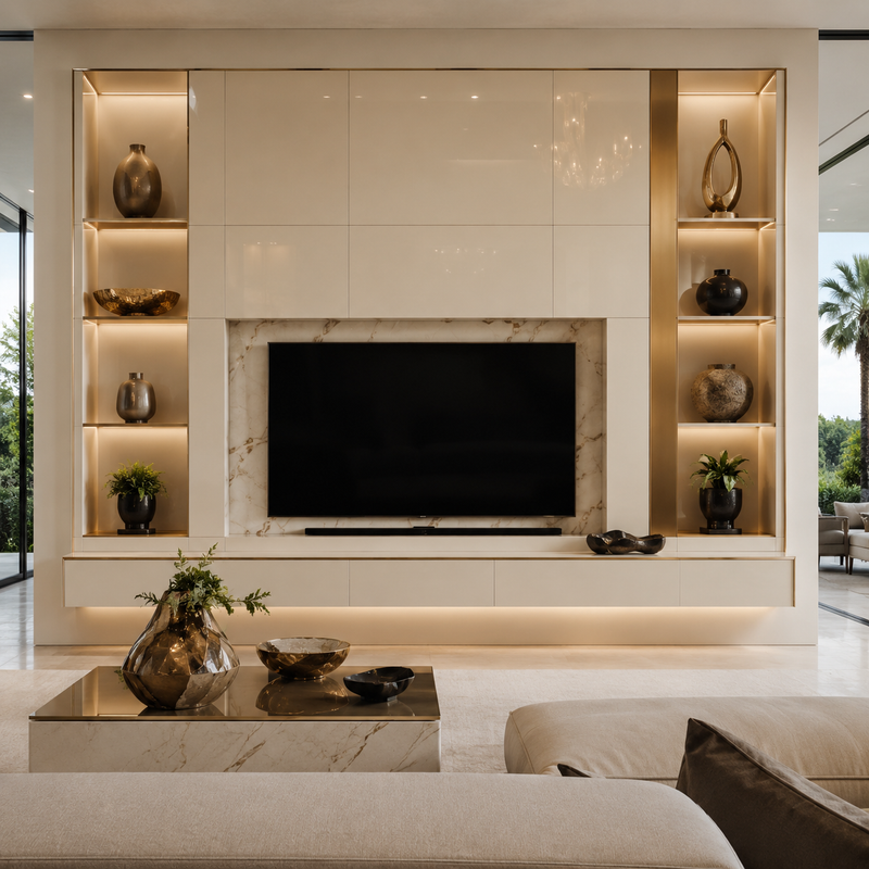 Tribeca high gloss white lacquer entertainment wall unit with marble accents and gold details - custom design by SoBe Furniture