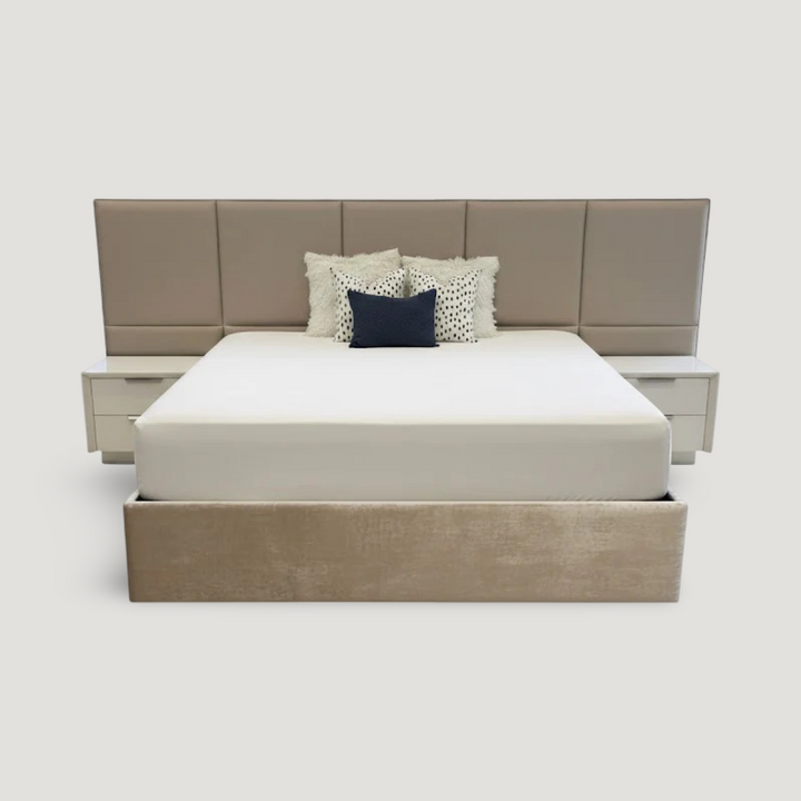 Cubo Custom Modern Platform Bed in fabric shown in modern bedroom setting