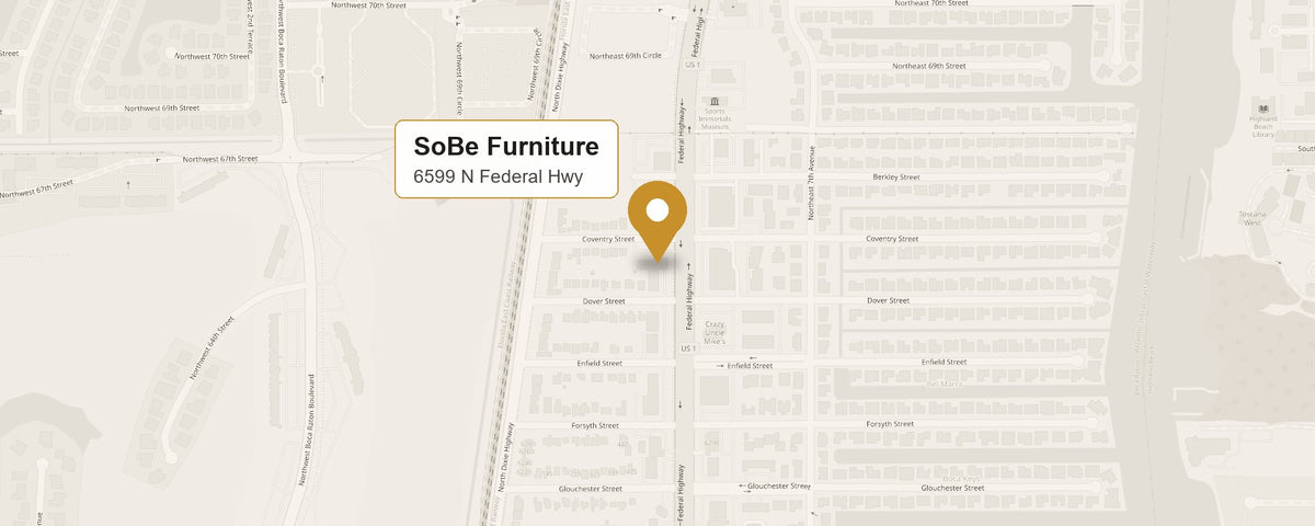 Map: SoBe Furniture at 6599 N Federal Hwy, Boca Raton, on the west side of Federal Highway (US 1) just south of Coventry Street